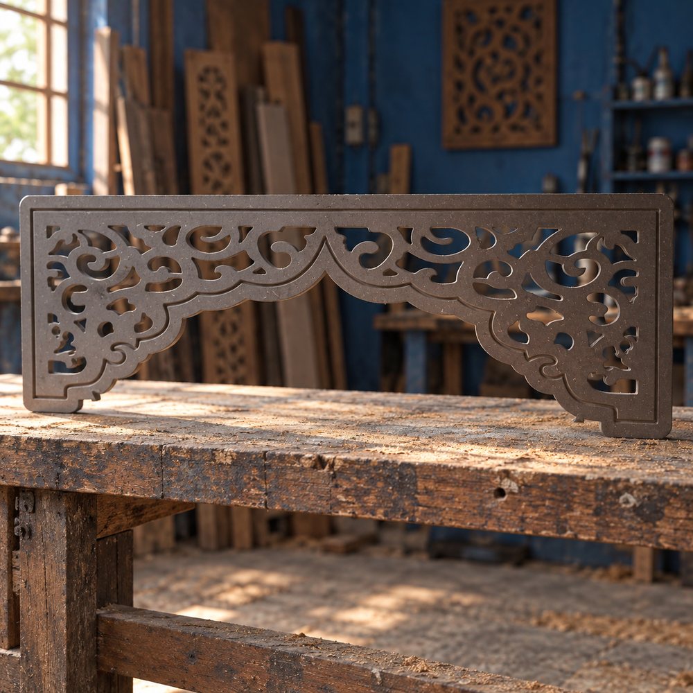 Decorative wooden panel with intricate scroll-shaped cutouts