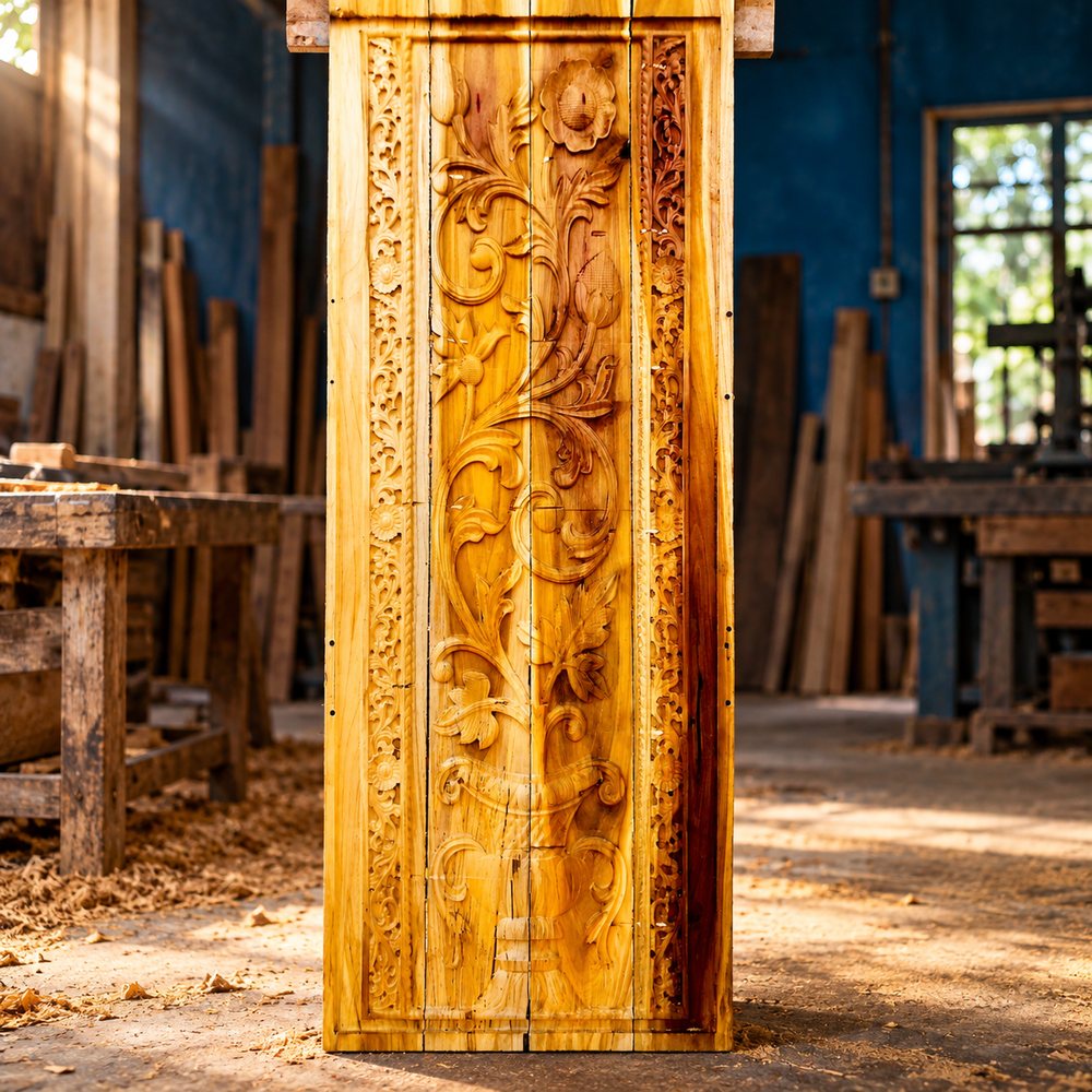 Tall wooden door panel with detailed floral carving