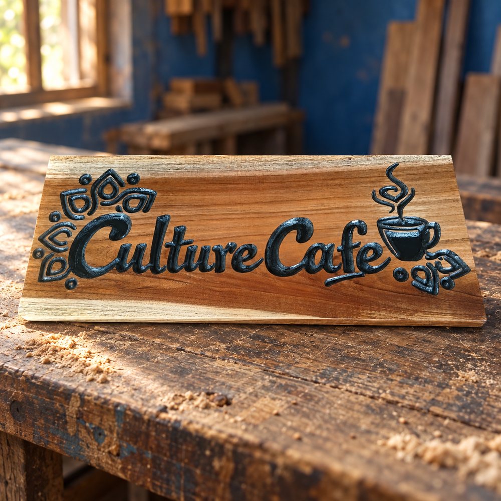Culture Cafe lettering carved into a wooden sign