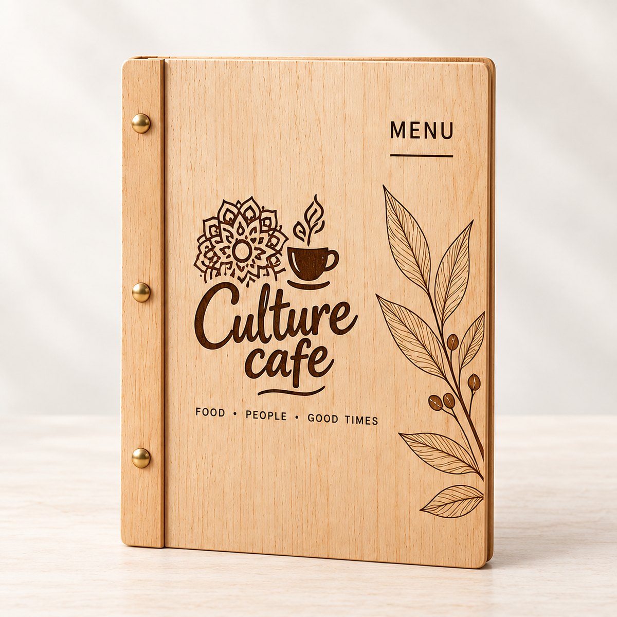Complete Culture Cafe wooden menu cover with engraved lettering and botanical detail